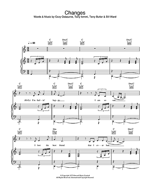 Preview Ozzy Osbourne and Kelly Osbourne Changes Pop sheet music, notes and chords for Piano, Vocal & Guitar, SKU: 26064 sheet music, piano notes, chords, guitar tabs, score, transpose, transcribe, how to play, guide, download, learn, tutorial, progression, song, artist, awards, billboard, mtv, vh1, tour, single, album, release