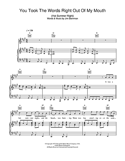 Preview Meat Loaf You Took The Words Right Out Of My Mouth (Hot Summer Night) Rock sheet music, notes and chords for Piano, Vocal & Guitar, SKU: 26065 sheet music, piano notes, chords, guitar tabs, score, transpose, transcribe, how to play, guide, download, learn, tutorial, progression, song, artist, awards, billboard, mtv, vh1, tour, single, album, release