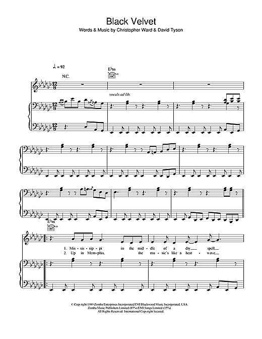 Preview Alannah Myles Black Velvet Rock sheet music, notes and chords for Piano, Vocal & Guitar, SKU: 26066 sheet music, piano notes, chords, guitar tabs, score, transpose, transcribe, how to play, guide, download, learn, tutorial, progression, song, artist, awards, billboard, mtv, vh1, tour, single, album, release