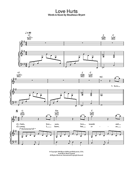 Preview Nazareth Love Hurts Metal sheet music, notes and chords for Piano, Vocal & Guitar, SKU: 26067 sheet music, piano notes, chords, guitar tabs, score, transpose, transcribe, how to play, guide, download, learn, tutorial, progression, song, artist, awards, billboard, mtv, vh1, tour, single, album, release