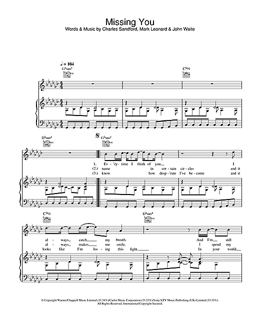 Preview John Waite Missing You Pop sheet music, notes and chords for Piano, Vocal & Guitar, SKU: 26072 sheet music, piano notes, chords, guitar tabs, score, transpose, transcribe, how to play, guide, download, learn, tutorial, progression, song, artist, awards, billboard, mtv, vh1, tour, single, album, release