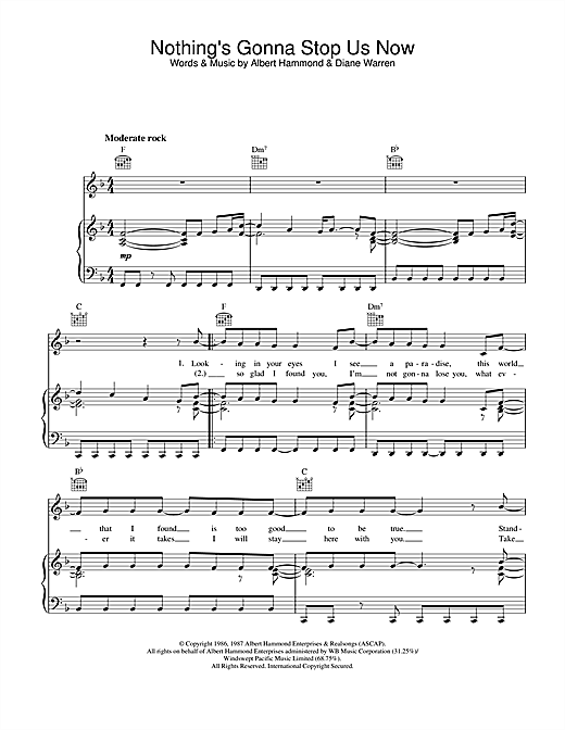 Preview Starship Nothing's Gonna Stop Us Now Rock sheet music, notes and chords for Piano, Vocal & Guitar (Right-Hand Melody), SKU: 26073 sheet music, piano notes, chords, guitar tabs, score, transpose, transcribe, how to play, guide, download, learn, tutorial, progression, song, artist, awards, billboard, mtv, vh1, tour, single, album, release