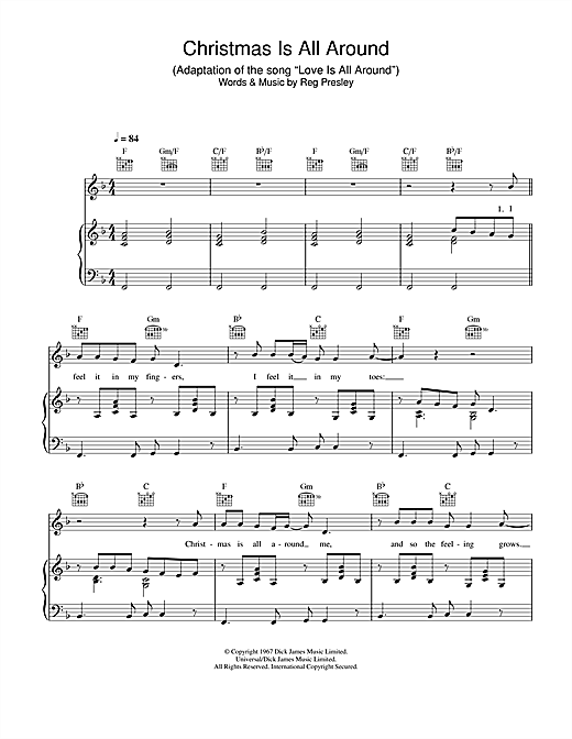 Preview Billy Mack Christmas Is All Around Pop sheet music, notes and chords for Piano, Vocal & Guitar, SKU: 26074 sheet music, piano notes, chords, guitar tabs, score, transpose, transcribe, how to play, guide, download, learn, tutorial, progression, song, artist, awards, billboard, mtv, vh1, tour, single, album, release