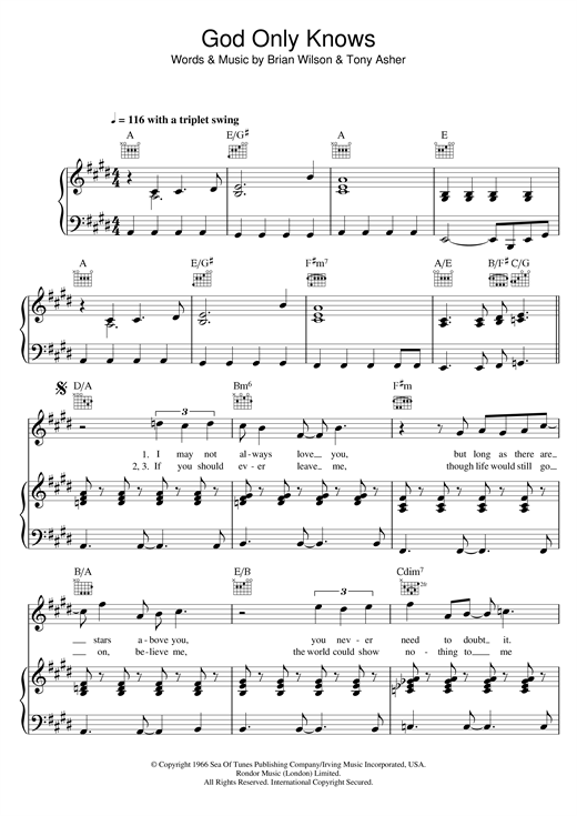 Preview The Beach Boys God Only Knows Rock sheet music, notes and chords for Piano, Vocal & Guitar, SKU: 26078 sheet music, piano notes, chords, guitar tabs, score, transpose, transcribe, how to play, guide, download, learn, tutorial, progression, song, artist, awards, billboard, mtv, vh1, tour, single, album, release