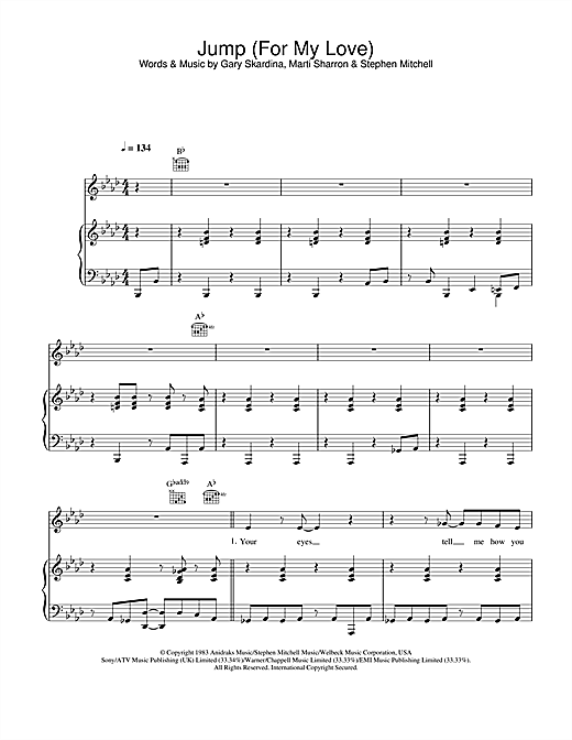 Preview The Pointer Sisters Jump (For My Love) Soul sheet music, notes and chords for Piano, Vocal & Guitar, SKU: 26079 sheet music, piano notes, chords, guitar tabs, score, transpose, transcribe, how to play, guide, download, learn, tutorial, progression, song, artist, awards, billboard, mtv, vh1, tour, single, album, release