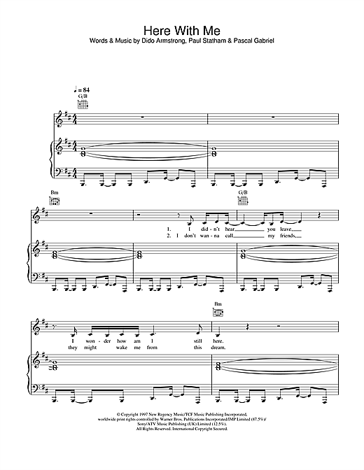 Preview Dido Here With Me Pop sheet music, notes and chords for Piano, Vocal & Guitar, SKU: 26088 sheet music, piano notes, chords, guitar tabs, score, transpose, transcribe, how to play, guide, download, learn, tutorial, progression, song, artist, awards, billboard, mtv, vh1, tour, single, album, release