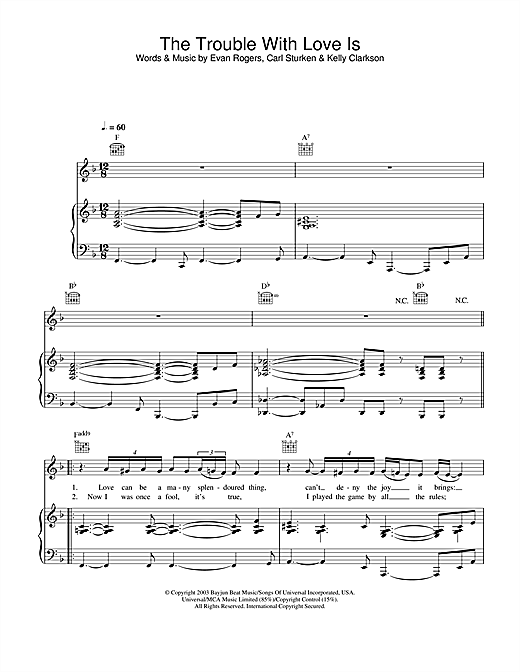 Preview Kelly Clarkson The Trouble With Love Is Pop sheet music, notes and chords for Piano, Vocal & Guitar, SKU: 26089 sheet music, piano notes, chords, guitar tabs, score, transpose, transcribe, how to play, guide, download, learn, tutorial, progression, song, artist, awards, billboard, mtv, vh1, tour, single, album, release