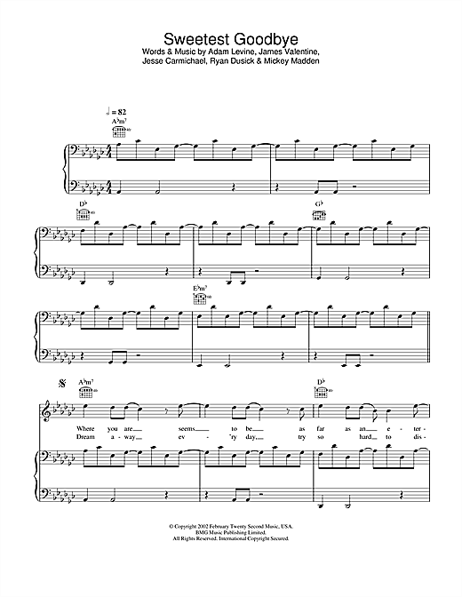 Preview Maroon 5 Sweetest Goodbye Pop sheet music, notes and chords for Piano, Vocal & Guitar, SKU: 26090 sheet music, piano notes, chords, guitar tabs, score, transpose, transcribe, how to play, guide, download, learn, tutorial, progression, song, artist, awards, billboard, mtv, vh1, tour, single, album, release