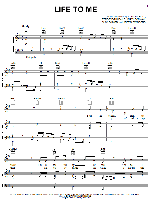 Preview ZOEgirl Life To Me Religious sheet music, notes and chords for Piano, Vocal & Guitar (Right-Hand Melody), SKU: 26098 sheet music, piano notes, chords, guitar tabs, score, transpose, transcribe, how to play, guide, download, learn, tutorial, progression, song, artist, awards, billboard, mtv, vh1, tour, single, album, release