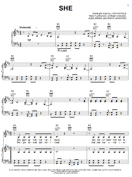 Preview ZOEgirl She Religious sheet music, notes and chords for Piano, Vocal & Guitar (Right-Hand Melody), SKU: 26099 sheet music, piano notes, chords, guitar tabs, score, transpose, transcribe, how to play, guide, download, learn, tutorial, progression, song, artist, awards, billboard, mtv, vh1, tour, single, album, release