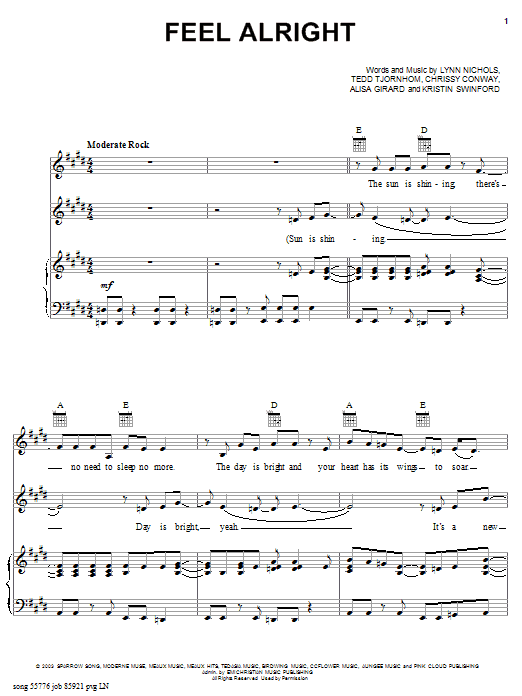 Preview ZOEgirl Feel Alright Religious sheet music, notes and chords for Piano, Vocal & Guitar (Right-Hand Melody), SKU: 26100 sheet music, piano notes, chords, guitar tabs, score, transpose, transcribe, how to play, guide, download, learn, tutorial, progression, song, artist, awards, billboard, mtv, vh1, tour, single, album, release