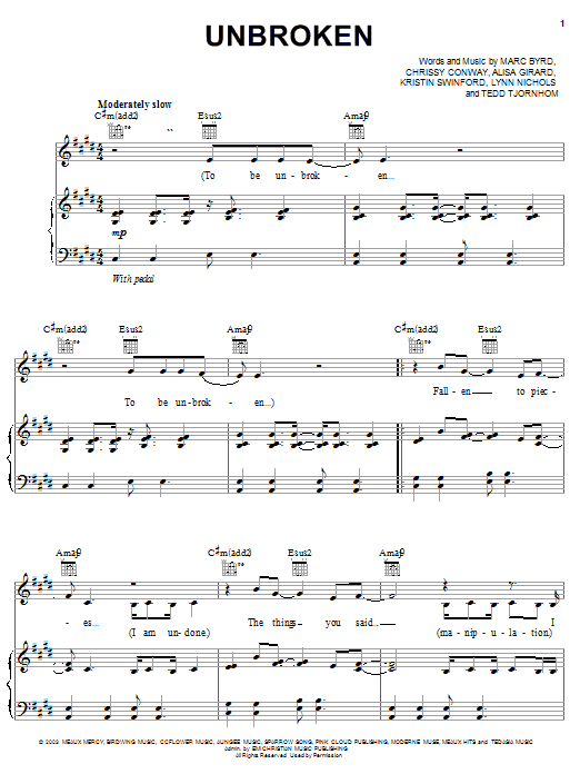 Preview ZOEgirl Unbroken Religious sheet music, notes and chords for Piano, Vocal & Guitar (Right-Hand Melody), SKU: 26104 sheet music, piano notes, chords, guitar tabs, score, transpose, transcribe, how to play, guide, download, learn, tutorial, progression, song, artist, awards, billboard, mtv, vh1, tour, single, album, release