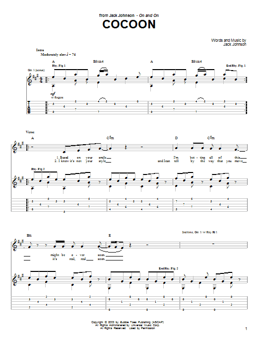 Preview Jack Johnson Cocoon Pop sheet music, notes and chords for Guitar Tab, SKU: 26107 sheet music, piano notes, chords, guitar tabs, score, transpose, transcribe, how to play, guide, download, learn, tutorial, progression, song, artist, awards, billboard, mtv, vh1, tour, single, album, release