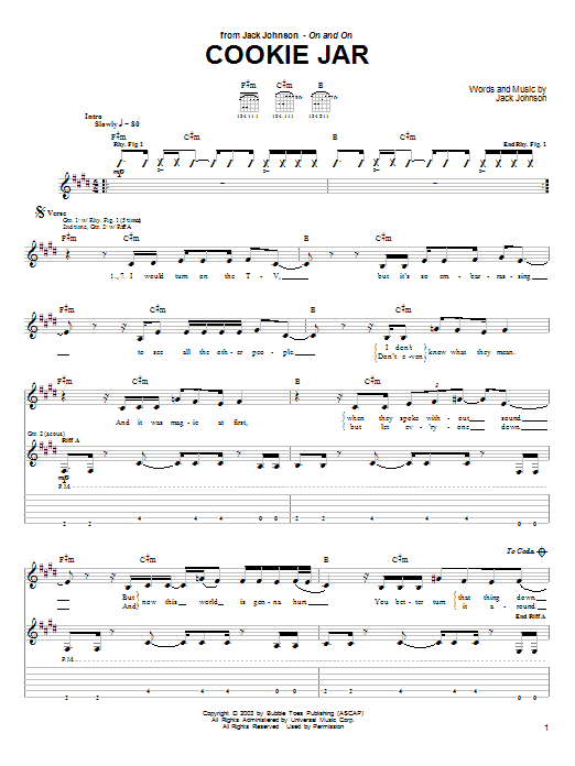 Preview Jack Johnson Cookie Jar Rock sheet music, notes and chords for Guitar Tab, SKU: 26108 sheet music, piano notes, chords, guitar tabs, score, transpose, transcribe, how to play, guide, download, learn, tutorial, progression, song, artist, awards, billboard, mtv, vh1, tour, single, album, release