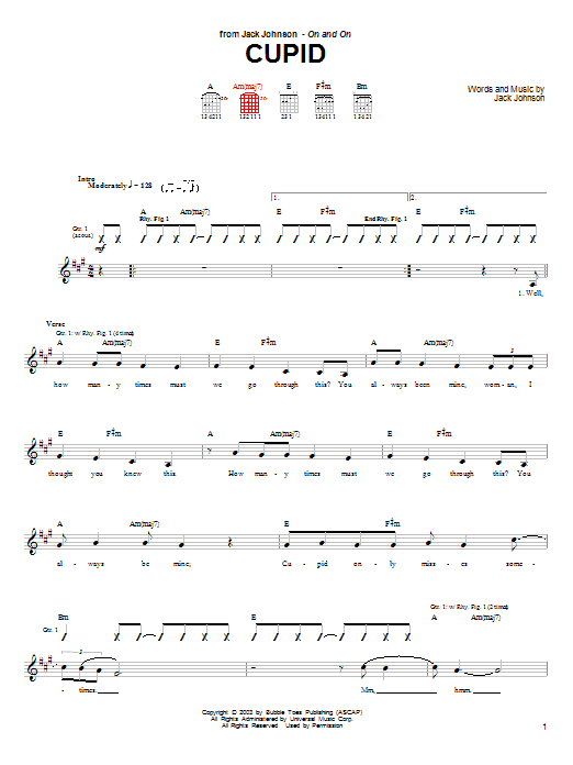 Preview Jack Johnson Cupid Pop sheet music, notes and chords for Guitar Tab, SKU: 26109 sheet music, piano notes, chords, guitar tabs, score, transpose, transcribe, how to play, guide, download, learn, tutorial, progression, song, artist, awards, billboard, mtv, vh1, tour, single, album, release