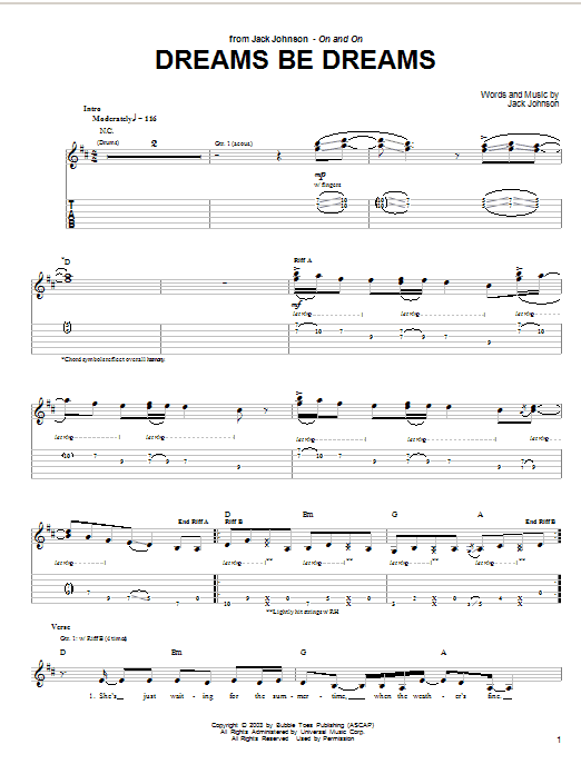 Preview Jack Johnson Dreams Be Dreams Pop sheet music, notes and chords for Guitar Tab, SKU: 26110 sheet music, piano notes, chords, guitar tabs, score, transpose, transcribe, how to play, guide, download, learn, tutorial, progression, song, artist, awards, billboard, mtv, vh1, tour, single, album, release