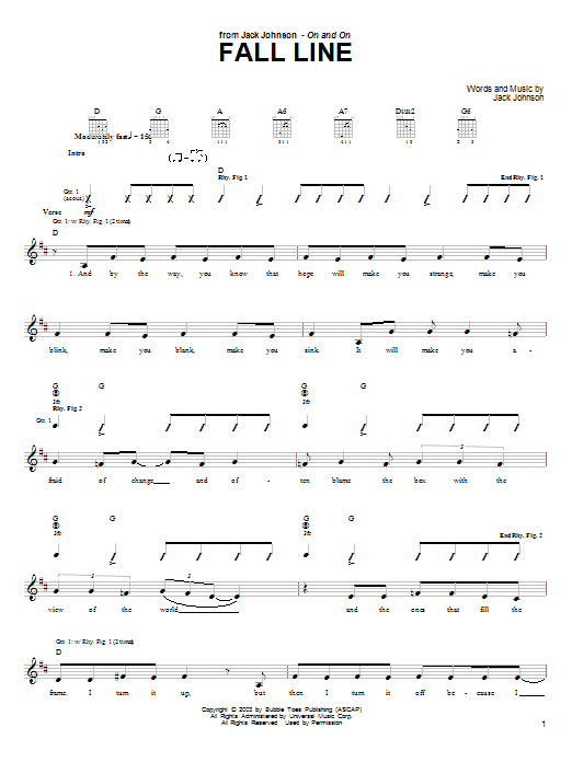 Preview Jack Johnson Fall Line Pop sheet music, notes and chords for Guitar Tab, SKU: 26111 sheet music, piano notes, chords, guitar tabs, score, transpose, transcribe, how to play, guide, download, learn, tutorial, progression, song, artist, awards, billboard, mtv, vh1, tour, single, album, release