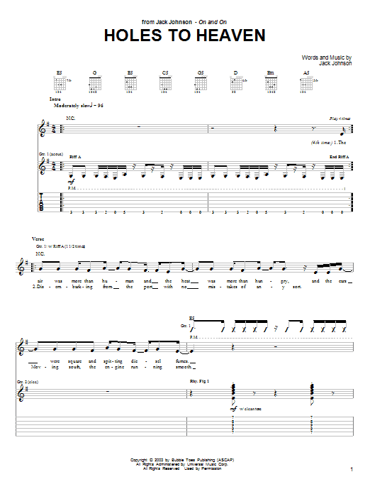 Preview Jack Johnson Holes To Heaven Rock sheet music, notes and chords for Guitar Tab, SKU: 26113 sheet music, piano notes, chords, guitar tabs, score, transpose, transcribe, how to play, guide, download, learn, tutorial, progression, song, artist, awards, billboard, mtv, vh1, tour, single, album, release