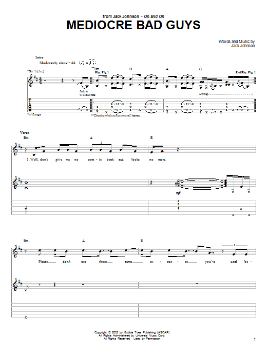 Preview Jack Johnson Mediocre Bad Guys Pop sheet music, notes and chords for Guitar Tab, SKU: 26114 sheet music, piano notes, chords, guitar tabs, score, transpose, transcribe, how to play, guide, download, learn, tutorial, progression, song, artist, awards, billboard, mtv, vh1, tour, single, album, release