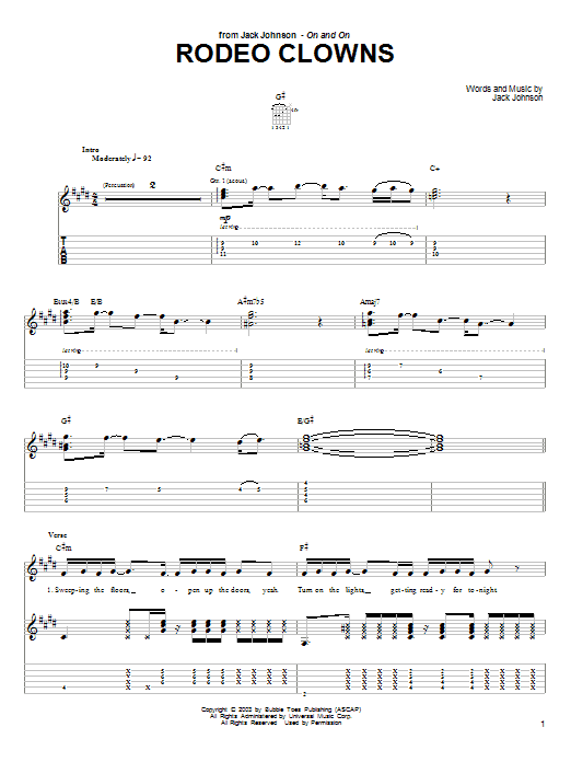Preview Jack Johnson Rodeo Clowns Pop sheet music, notes and chords for Guitar Tab, SKU: 26115 sheet music, piano notes, chords, guitar tabs, score, transpose, transcribe, how to play, guide, download, learn, tutorial, progression, song, artist, awards, billboard, mtv, vh1, tour, single, album, release