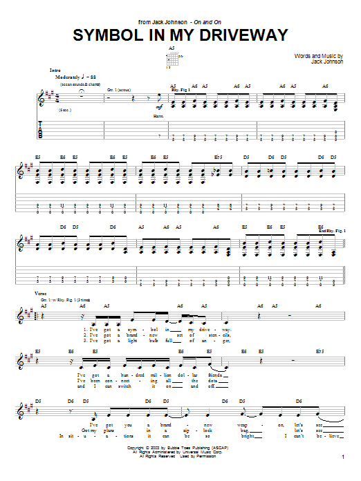Preview Jack Johnson Symbol In My Driveway Pop sheet music, notes and chords for Guitar Tab, SKU: 26116 sheet music, piano notes, chords, guitar tabs, score, transpose, transcribe, how to play, guide, download, learn, tutorial, progression, song, artist, awards, billboard, mtv, vh1, tour, single, album, release
