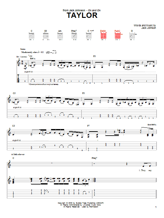 Preview Jack Johnson Taylor Rock sheet music, notes and chords for Guitar Tab, SKU: 26117 sheet music, piano notes, chords, guitar tabs, score, transpose, transcribe, how to play, guide, download, learn, tutorial, progression, song, artist, awards, billboard, mtv, vh1, tour, single, album, release
