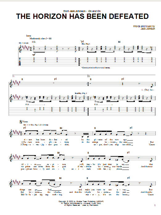 Preview Jack Johnson The Horizon Has Been Defeated Pop sheet music, notes and chords for Guitar Tab, SKU: 26118 sheet music, piano notes, chords, guitar tabs, score, transpose, transcribe, how to play, guide, download, learn, tutorial, progression, song, artist, awards, billboard, mtv, vh1, tour, single, album, release