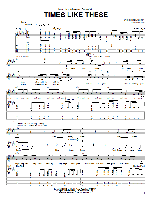Preview Jack Johnson Times Like These Pop sheet music, notes and chords for Guitar Tab, SKU: 26119 sheet music, piano notes, chords, guitar tabs, score, transpose, transcribe, how to play, guide, download, learn, tutorial, progression, song, artist, awards, billboard, mtv, vh1, tour, single, album, release