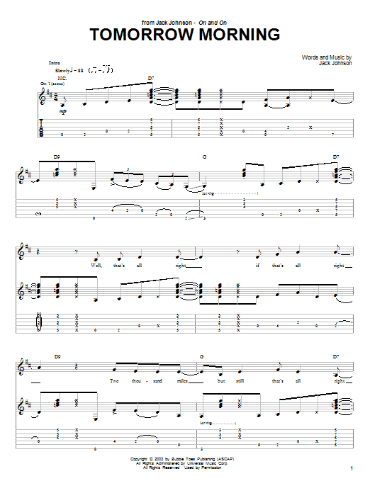 Preview Jack Johnson Tomorrow Morning Pop sheet music, notes and chords for Guitar Tab, SKU: 26120 sheet music, piano notes, chords, guitar tabs, score, transpose, transcribe, how to play, guide, download, learn, tutorial, progression, song, artist, awards, billboard, mtv, vh1, tour, single, album, release