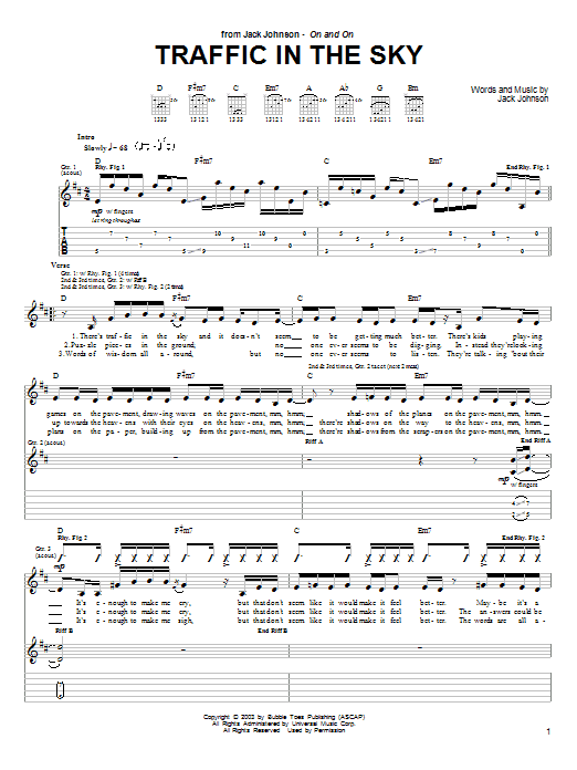 Preview Jack Johnson Traffic In The Sky Rock sheet music, notes and chords for Guitar Tab, SKU: 26121 sheet music, piano notes, chords, guitar tabs, score, transpose, transcribe, how to play, guide, download, learn, tutorial, progression, song, artist, awards, billboard, mtv, vh1, tour, single, album, release