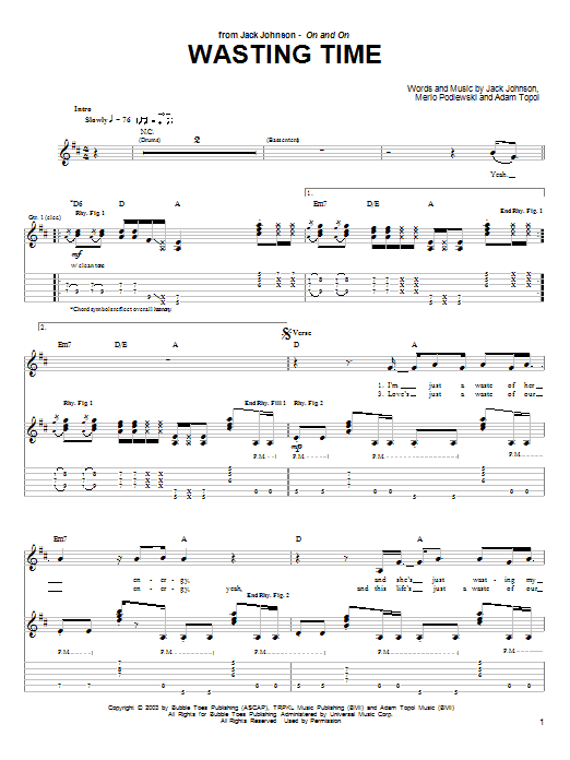 Preview Jack Johnson Wasting Time Pop sheet music, notes and chords for Guitar Tab, SKU: 26122 sheet music, piano notes, chords, guitar tabs, score, transpose, transcribe, how to play, guide, download, learn, tutorial, progression, song, artist, awards, billboard, mtv, vh1, tour, single, album, release