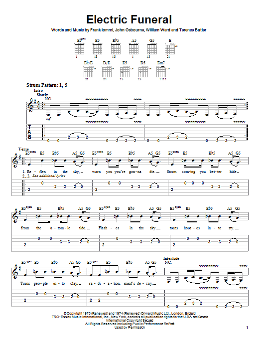 Preview Black Sabbath Electric Funeral Rock sheet music, notes and chords for Easy Guitar Tab, SKU: 26124 sheet music, piano notes, chords, guitar tabs, score, transpose, transcribe, how to play, guide, download, learn, tutorial, progression, song, artist, awards, billboard, mtv, vh1, tour, single, album, release