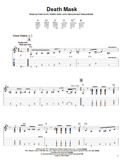 Preview Black Sabbath Death Mask Rock sheet music, notes and chords for Easy Guitar Tab, SKU: 26126 sheet music, piano notes, chords, guitar tabs, score, transpose, transcribe, how to play, guide, download, learn, tutorial, progression, song, artist, awards, billboard, mtv, vh1, tour, single, album, release