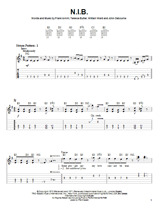 Preview Black Sabbath N.I.B. Pop sheet music, notes and chords for Easy Guitar Tab, SKU: 26131 sheet music, piano notes, chords, guitar tabs, score, transpose, transcribe, how to play, guide, download, learn, tutorial, progression, song, artist, awards, billboard, mtv, vh1, tour, single, album, release