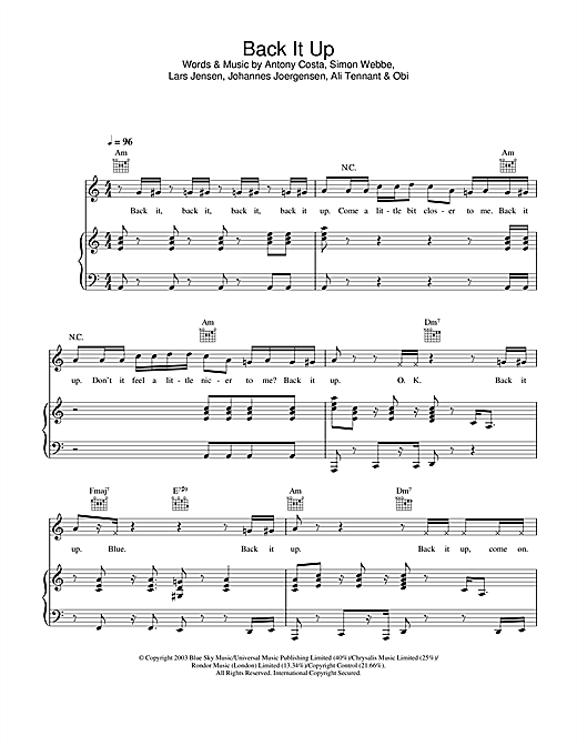 Preview Blue Back It Up Pop sheet music, notes and chords for Piano, Vocal & Guitar, SKU: 26138 sheet music, piano notes, chords, guitar tabs, score, transpose, transcribe, how to play, guide, download, learn, tutorial, progression, song, artist, awards, billboard, mtv, vh1, tour, single, album, release