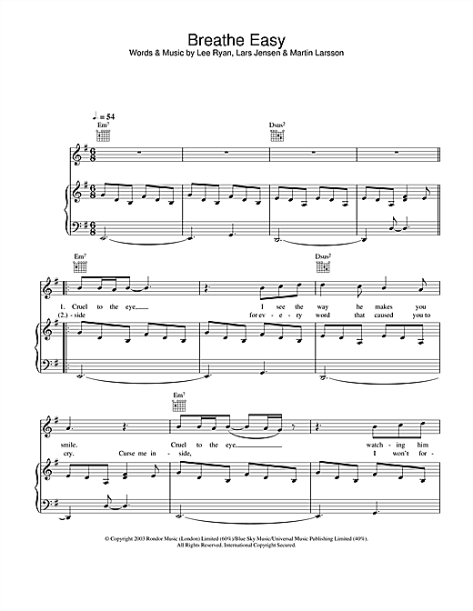 Preview Blue Breathe Easy Pop sheet music, notes and chords for Piano, Vocal & Guitar, SKU: 26139 sheet music, piano notes, chords, guitar tabs, score, transpose, transcribe, how to play, guide, download, learn, tutorial, progression, song, artist, awards, billboard, mtv, vh1, tour, single, album, release