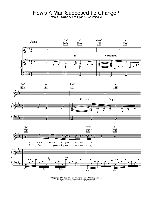 Preview Blue How's A Man Supposed To Change? Pop sheet music, notes and chords for Piano, Vocal & Guitar, SKU: 26141 sheet music, piano notes, chords, guitar tabs, score, transpose, transcribe, how to play, guide, download, learn, tutorial, progression, song, artist, awards, billboard, mtv, vh1, tour, single, album, release
