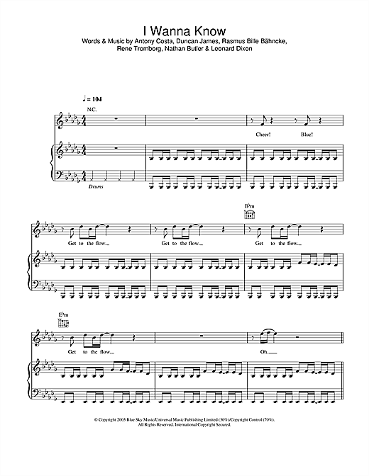 Preview Blue I Wanna Know Pop sheet music, notes and chords for Piano, Vocal & Guitar, SKU: 26142 sheet music, piano notes, chords, guitar tabs, score, transpose, transcribe, how to play, guide, download, learn, tutorial, progression, song, artist, awards, billboard, mtv, vh1, tour, single, album, release