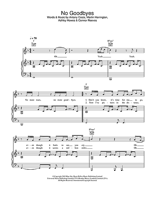 Preview Blue No Goodbyes Pop sheet music, notes and chords for Piano, Vocal & Guitar, SKU: 26143 sheet music, piano notes, chords, guitar tabs, score, transpose, transcribe, how to play, guide, download, learn, tutorial, progression, song, artist, awards, billboard, mtv, vh1, tour, single, album, release