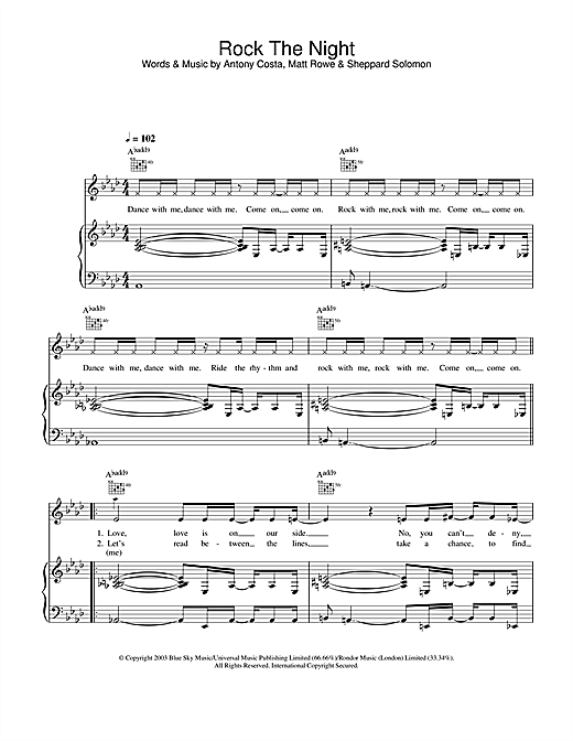 Preview Blue Rock The Night Pop sheet music, notes and chords for Piano, Vocal & Guitar, SKU: 26144 sheet music, piano notes, chords, guitar tabs, score, transpose, transcribe, how to play, guide, download, learn, tutorial, progression, song, artist, awards, billboard, mtv, vh1, tour, single, album, release