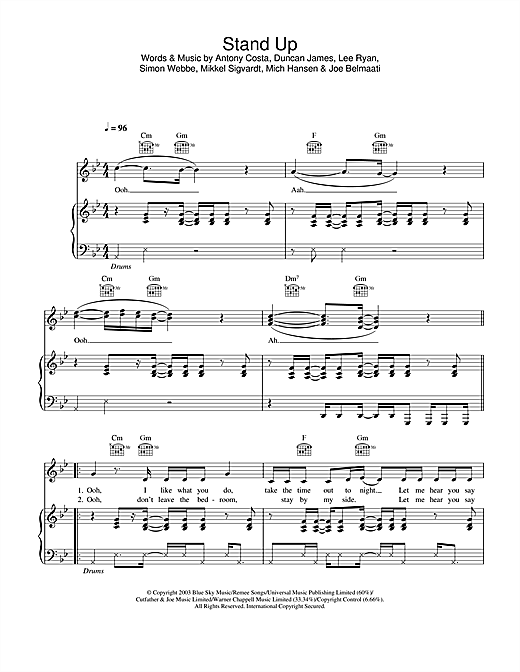 Preview Blue Stand Up Pop sheet music, notes and chords for Piano, Vocal & Guitar, SKU: 26145 sheet music, piano notes, chords, guitar tabs, score, transpose, transcribe, how to play, guide, download, learn, tutorial, progression, song, artist, awards, billboard, mtv, vh1, tour, single, album, release
