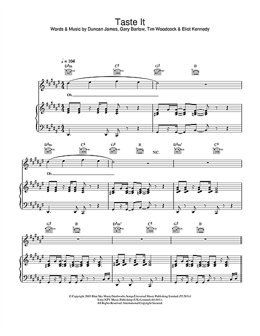 Preview Blue Taste It Pop sheet music, notes and chords for Piano, Vocal & Guitar, SKU: 26146 sheet music, piano notes, chords, guitar tabs, score, transpose, transcribe, how to play, guide, download, learn, tutorial, progression, song, artist, awards, billboard, mtv, vh1, tour, single, album, release