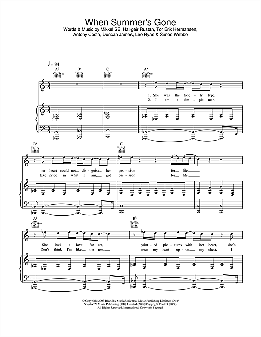 Preview Blue When Summer's Gone Pop sheet music, notes and chords for Piano, Vocal & Guitar, SKU: 26148 sheet music, piano notes, chords, guitar tabs, score, transpose, transcribe, how to play, guide, download, learn, tutorial, progression, song, artist, awards, billboard, mtv, vh1, tour, single, album, release