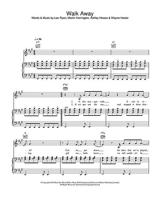 Preview Blue Walk Away Pop sheet music, notes and chords for Piano, Vocal & Guitar, SKU: 26149 sheet music, piano notes, chords, guitar tabs, score, transpose, transcribe, how to play, guide, download, learn, tutorial, progression, song, artist, awards, billboard, mtv, vh1, tour, single, album, release