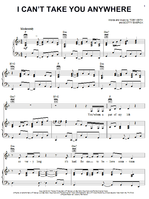 Preview Scotty Emerick with Toby Keith I Can't Take You Anywhere Country sheet music, notes and chords for Piano, Vocal & Guitar (Right-Hand Melody), SKU: 26157 sheet music, piano notes, chords, guitar tabs, score, transpose, transcribe, how to play, guide, download, learn, tutorial, progression, song, artist, awards, billboard, mtv, vh1, tour, single, album, release