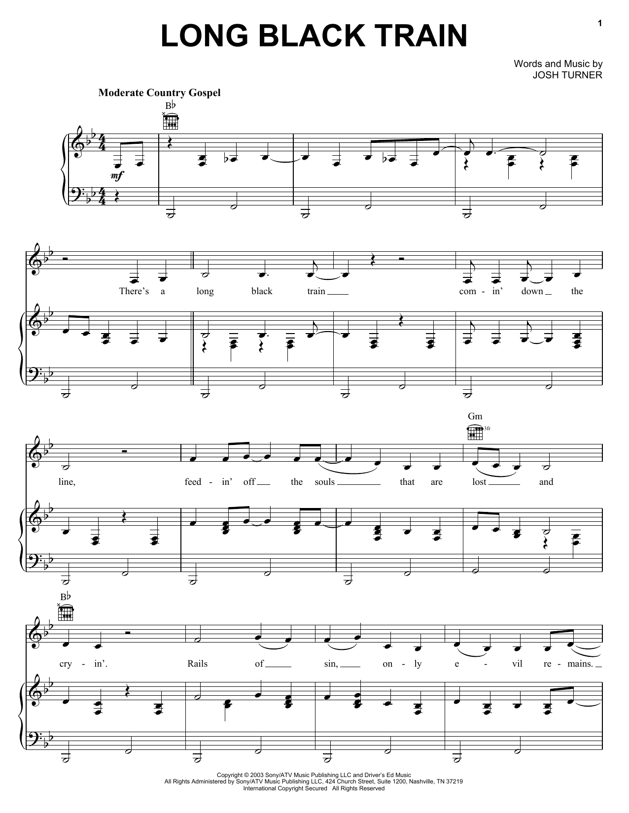 Preview Josh Turner Long Black Train Country sheet music, notes and chords for Piano, Vocal & Guitar (Right-Hand Melody), SKU: 26158 sheet music, piano notes, chords, guitar tabs, score, transpose, transcribe, how to play, guide, download, learn, tutorial, progression, song, artist, awards, billboard, mtv, vh1, tour, single, album, release
