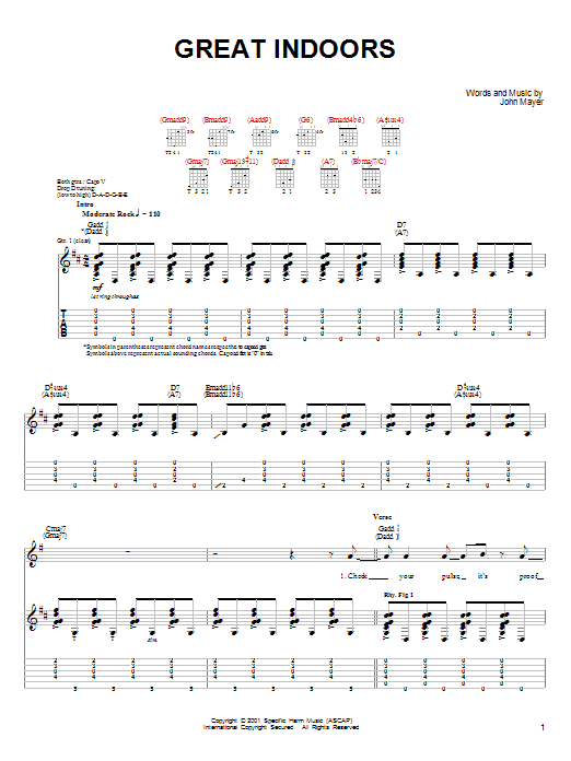 Preview John Mayer Great Indoors Pop sheet music, notes and chords for Easy Guitar, SKU: 26165 sheet music, piano notes, chords, guitar tabs, score, transpose, transcribe, how to play, guide, download, learn, tutorial, progression, song, artist, awards, billboard, mtv, vh1, tour, single, album, release