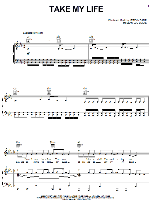Preview Jeremy Camp Take My Life Pop sheet music, notes and chords for Piano, Vocal & Guitar (Right-Hand Melody), SKU: 26171 sheet music, piano notes, chords, guitar tabs, score, transpose, transcribe, how to play, guide, download, learn, tutorial, progression, song, artist, awards, billboard, mtv, vh1, tour, single, album, release