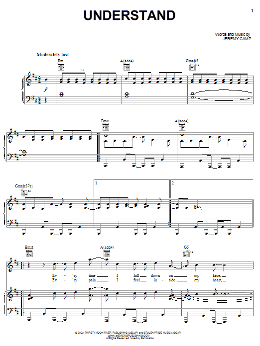 Preview Jeremy Camp Understand Pop sheet music, notes and chords for Piano, Vocal & Guitar (Right-Hand Melody), SKU: 26172 sheet music, piano notes, chords, guitar tabs, score, transpose, transcribe, how to play, guide, download, learn, tutorial, progression, song, artist, awards, billboard, mtv, vh1, tour, single, album, release