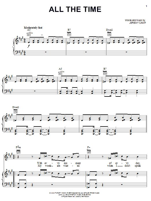 Preview Jeremy Camp All The Time Pop sheet music, notes and chords for Piano, Vocal & Guitar (Right-Hand Melody), SKU: 26173 sheet music, piano notes, chords, guitar tabs, score, transpose, transcribe, how to play, guide, download, learn, tutorial, progression, song, artist, awards, billboard, mtv, vh1, tour, single, album, release